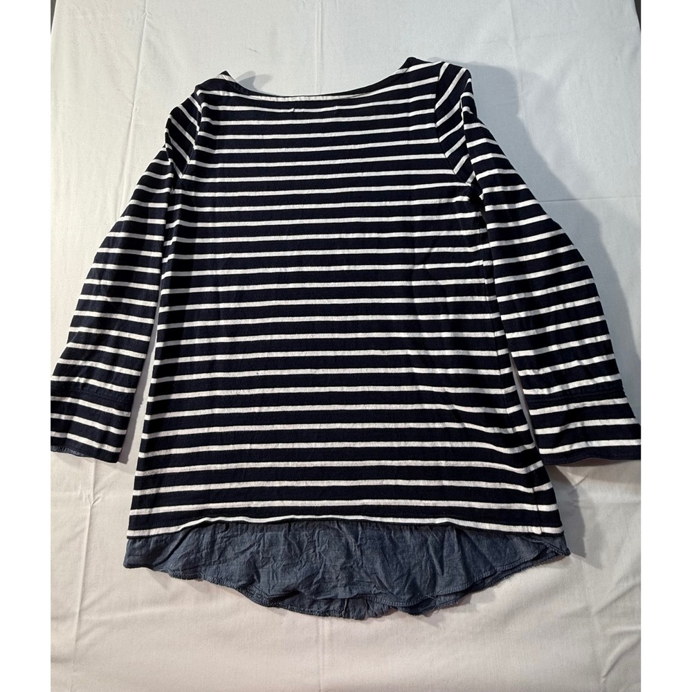 Loft Navy White Striped Long Sleeve Top Chambray Hem Small